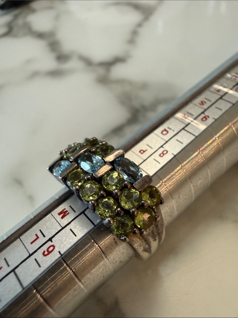 Silver peridot and topaz ring, size 7